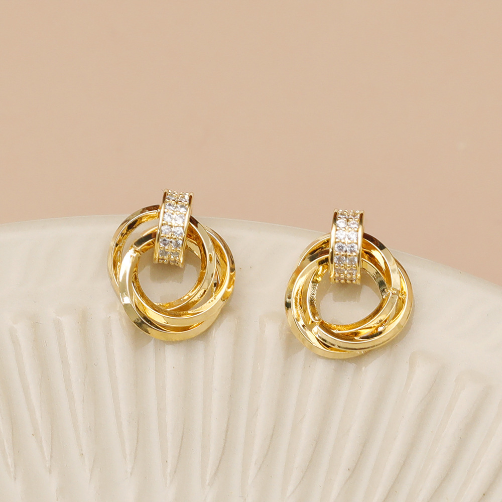 1 Pair Vintage Style Simple Style Geometric Round Inlay Copper Zircon 18K Gold Plated Ear Studs display picture 5