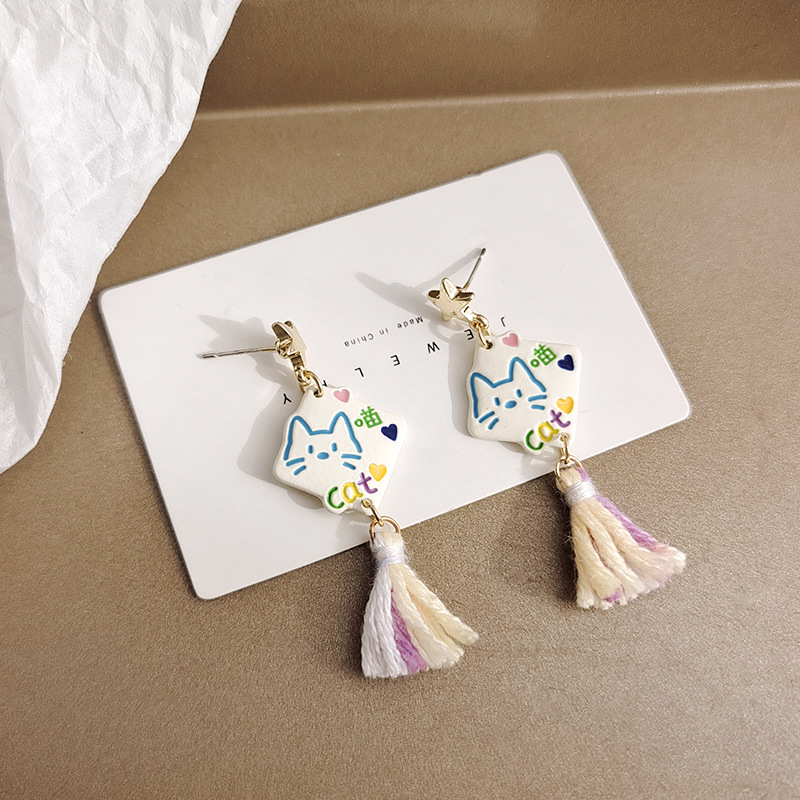 1 Pair Cute Simple Style Letter Cat Patchwork Alloy Tassel Drop Earrings display picture 11