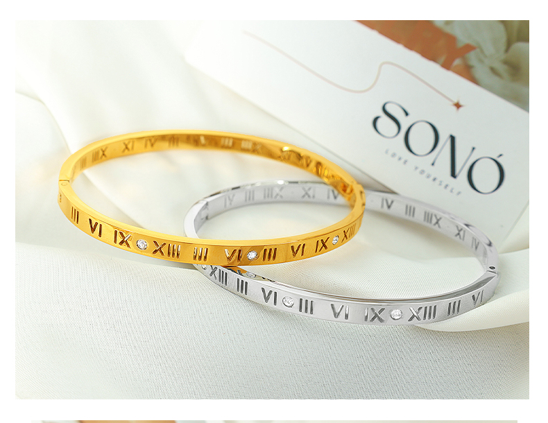 Titanium Steel 18K Gold Plated Vintage Style Simple Style Roman Numeral Zircon Bangle display picture 1
