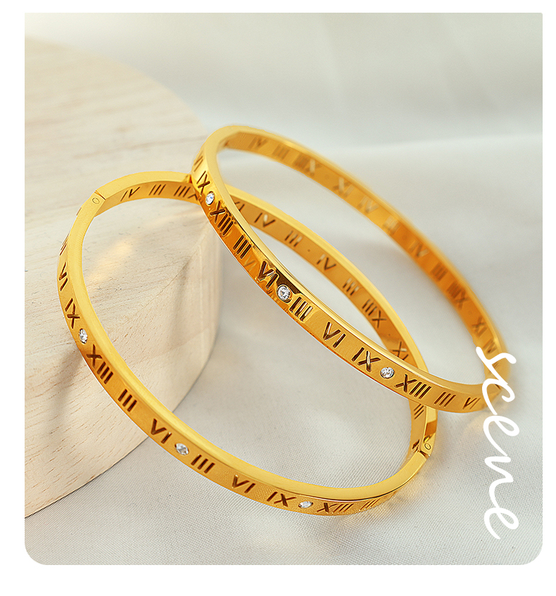 Titanium Steel 18K Gold Plated Vintage Style Simple Style Roman Numeral Zircon Bangle display picture 8