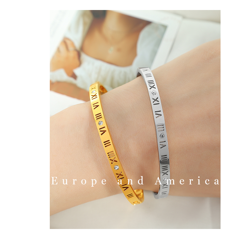 Titanium Steel 18K Gold Plated Vintage Style Simple Style Roman Numeral Zircon Bangle display picture 7