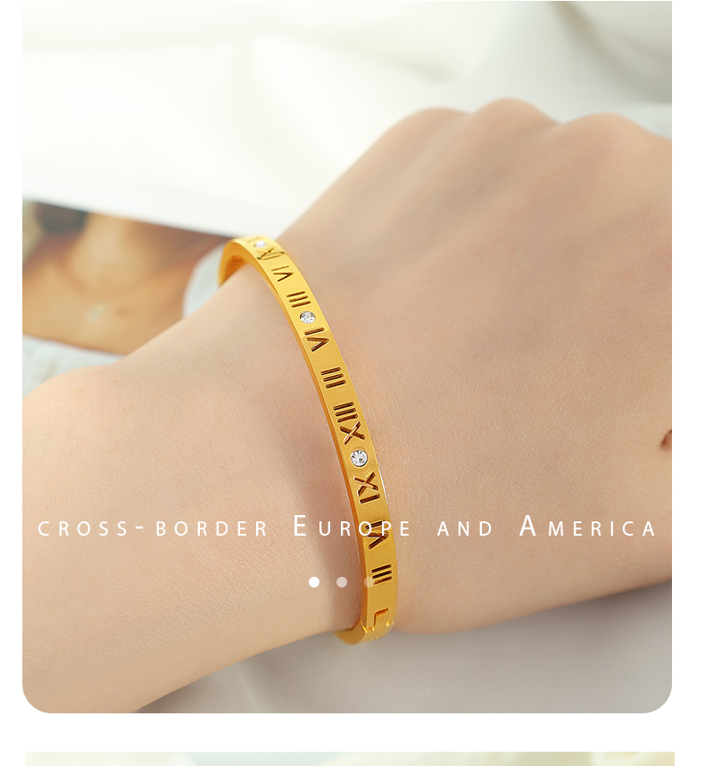 Titanium Steel 18K Gold Plated Vintage Style Simple Style Roman Numeral Zircon Bangle display picture 10