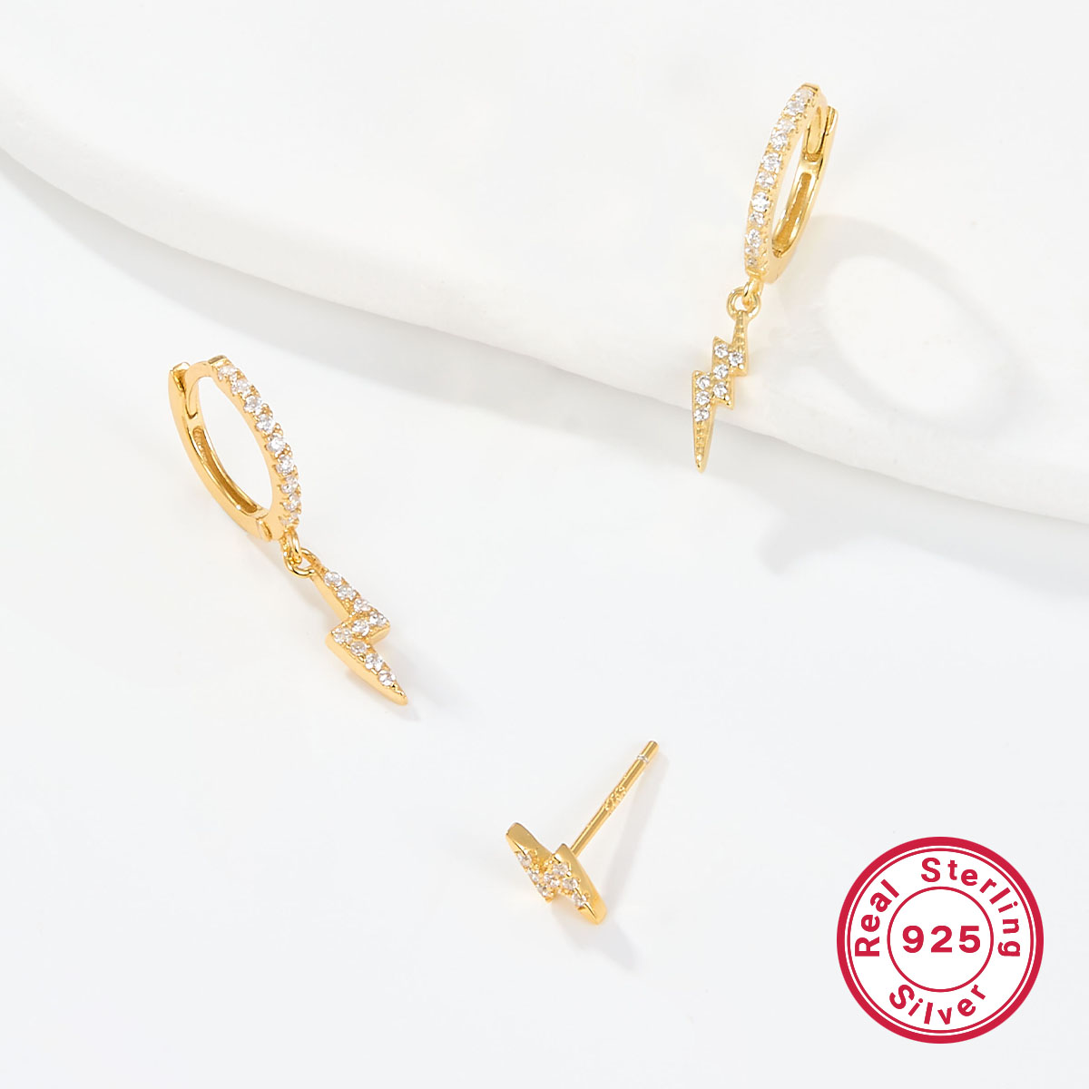 1 Set Casual Simple Style Lightning Asymmetrical Inlay Sterling Silver Zircon White Gold Plated Gold Plated Drop Earrings Ear Studs display picture 14