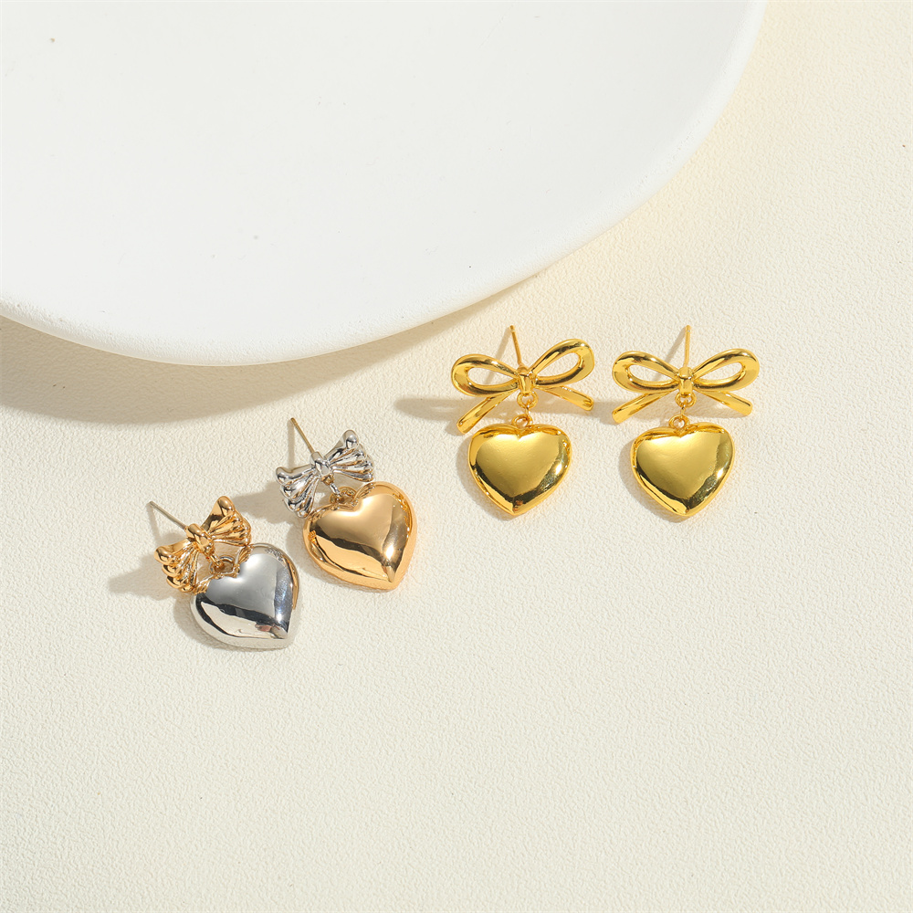 1 Pair Vintage Style Simple Style Commute Heart Shape Bow Knot Inlay Copper Zircon 14K Gold Plated Drop Earrings Ear Studs display picture 3
