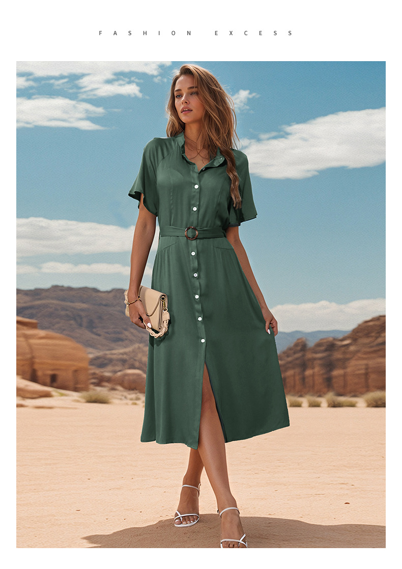 Women's Regular Dress Simple Style Turndown Short Sleeve Solid Color Midi Dress Holiday display picture 1