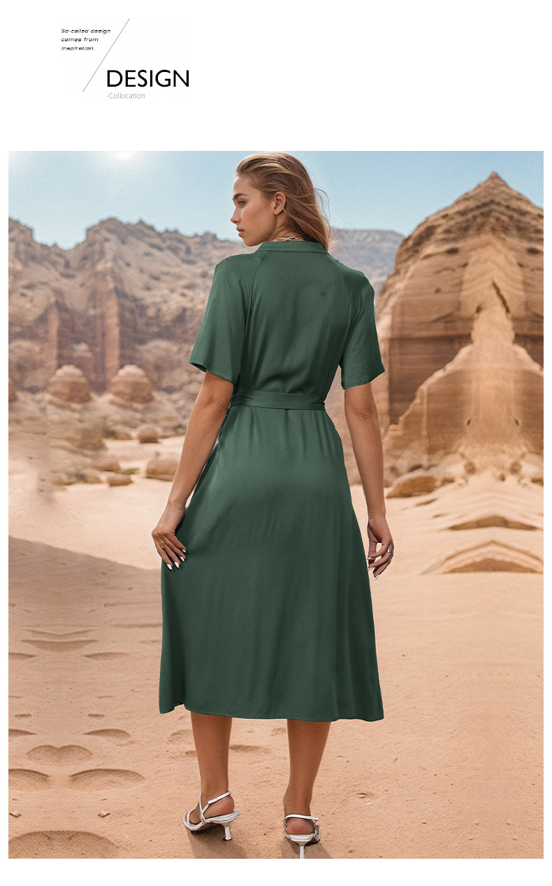 Women's Regular Dress Simple Style Turndown Short Sleeve Solid Color Midi Dress Holiday display picture 3