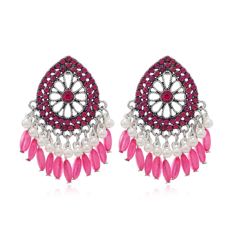 1 Pair Retro Simple Style Water Droplets Flower Tassel Hollow Out Inlay Alloy Rhinestones Silver Plated Drop Earrings display picture 6