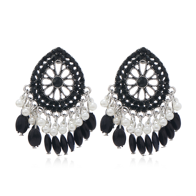 1 Pair Retro Simple Style Water Droplets Flower Tassel Hollow Out Inlay Alloy Rhinestones Silver Plated Drop Earrings display picture 7