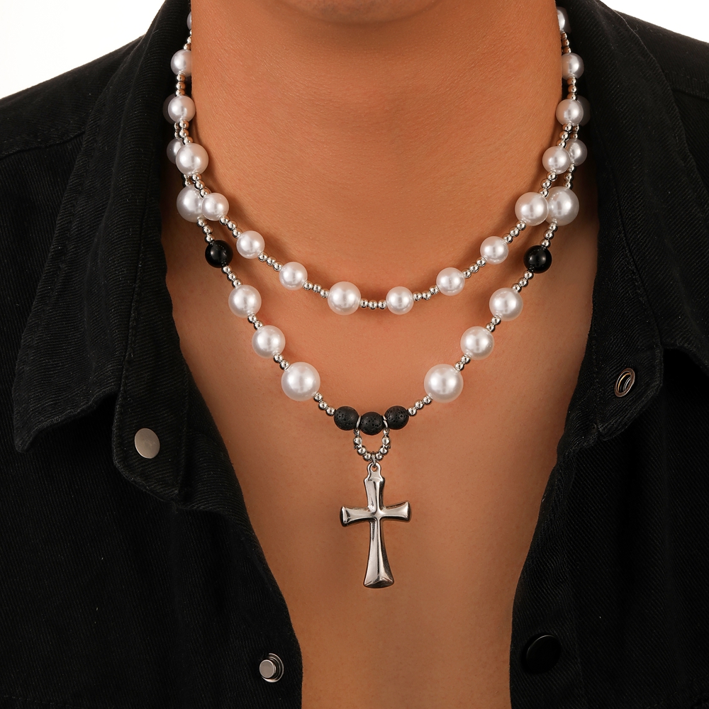 Rock Simple Style Streetwear Cross Stainless Steel Beaded Pearl Men's Pendant Necklace display picture 4