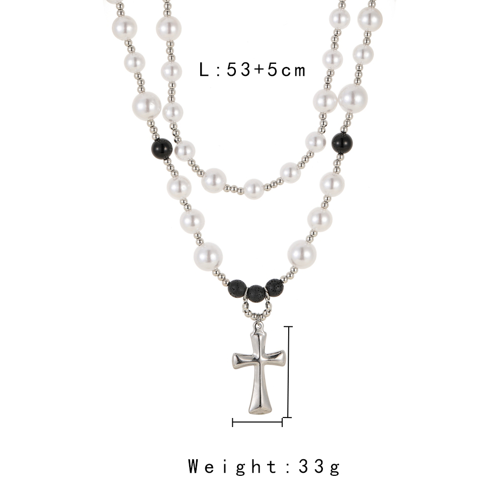 Rock Simple Style Streetwear Cross Stainless Steel Beaded Pearl Men's Pendant Necklace display picture 6