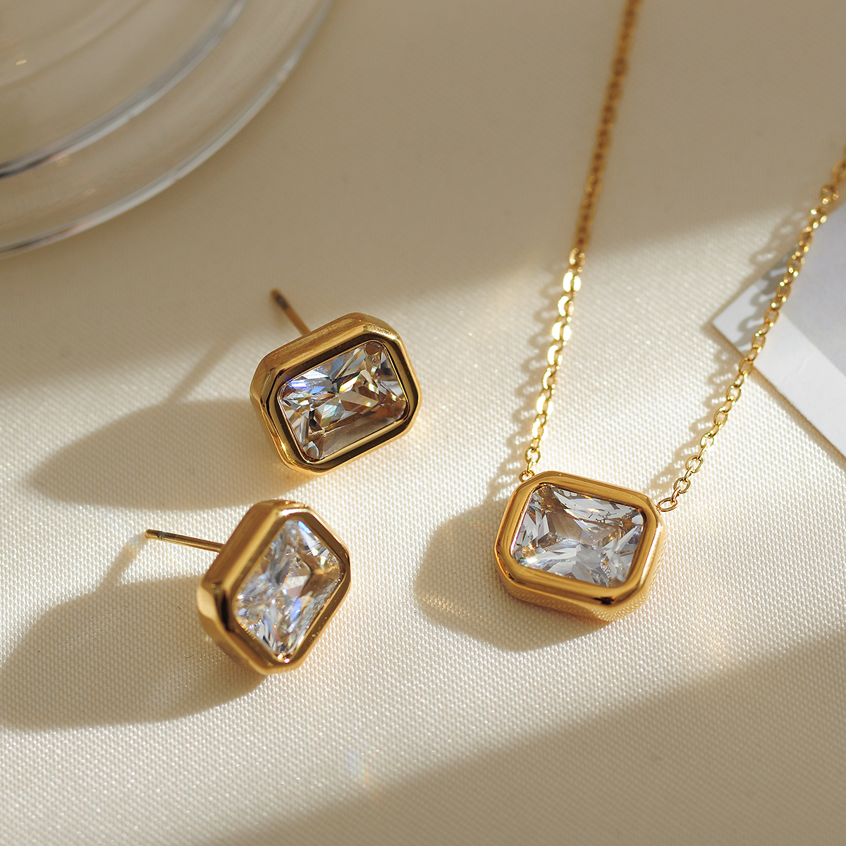 Stainless Steel Simple Style Square Plating Inlay Zircon Earrings Necklace display picture 3