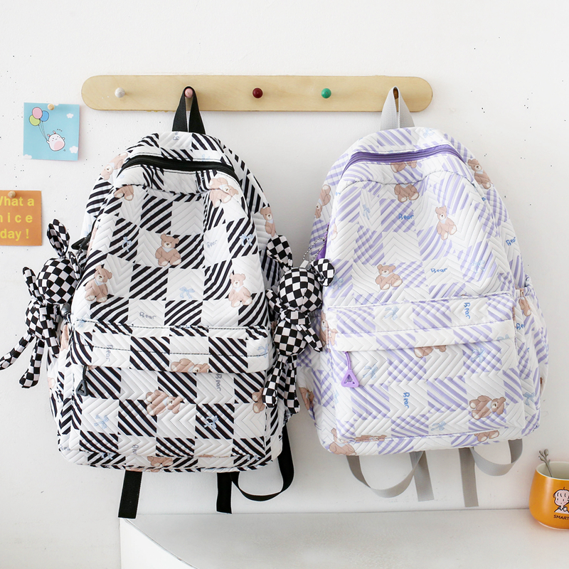 Large Little Bear Lattice Casual School Daily School Backpack display picture 22