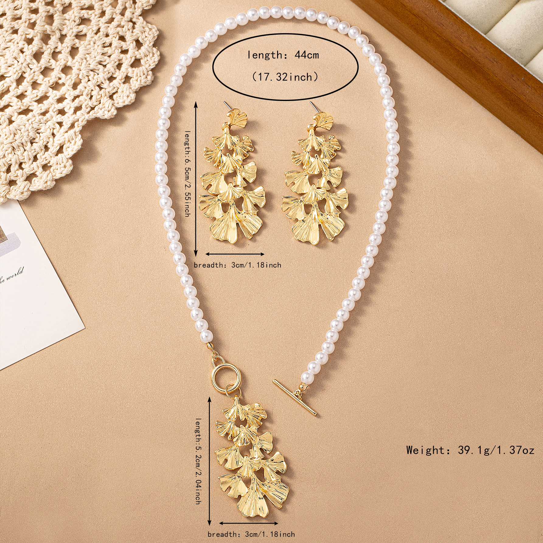 Elegant Luxurious Ginkgo Leaf Artificial Pearl Alloy Beaded 14K Gold Plated Women's Earrings Necklace display picture 4