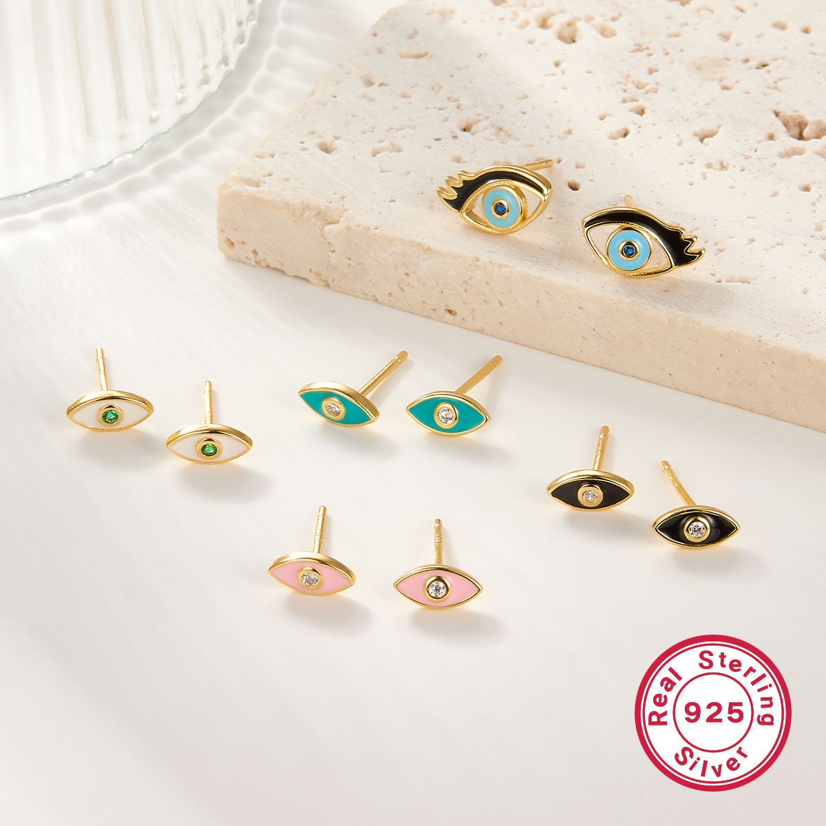 1 Pair Cute Romantic Simple Style Devil's Eye Epoxy Inlay Sterling Silver Zircon 18K Gold Plated Ear Studs display picture 3