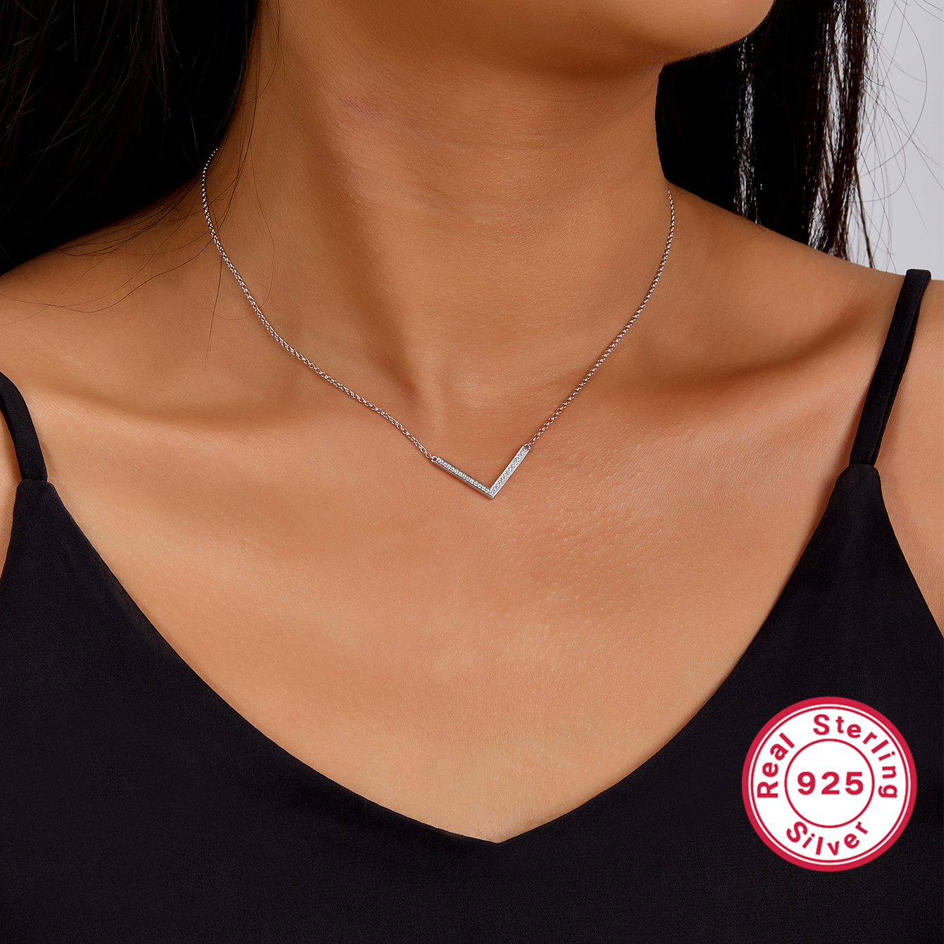 Sterling Silver White Gold Plated Simple Style Shiny V Shape Inlay Zircon Necklace display picture 5
