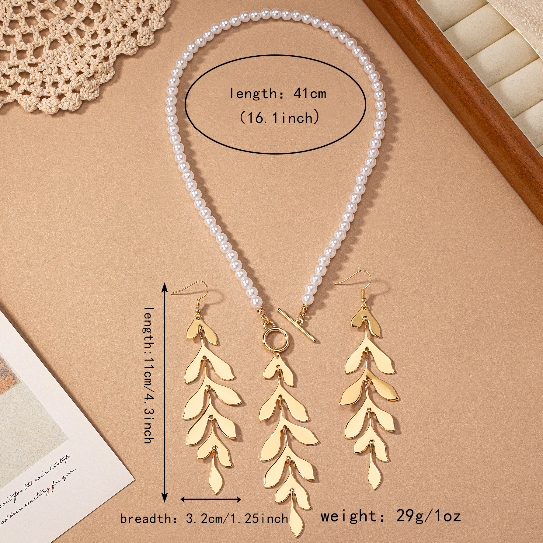 Elegant Luxurious Leaves Artificial Pearl Alloy Beaded Tassel 14K Gold Plated Women's Earrings Necklace display picture 3