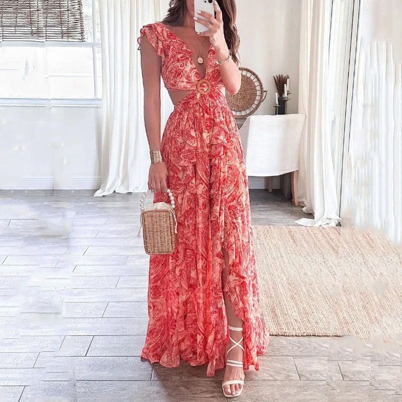 Women's Regular Dress Maxi Dresses Casual V Neck Slit Ruffles Hollow Out Sleeveless Solid Color Flower Maxi Long Dress Daily display picture 7