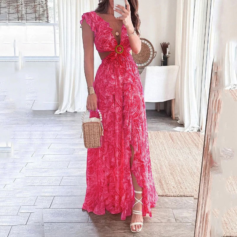 Women's Regular Dress Maxi Dresses Casual V Neck Slit Ruffles Hollow Out Sleeveless Solid Color Flower Maxi Long Dress Daily display picture 5