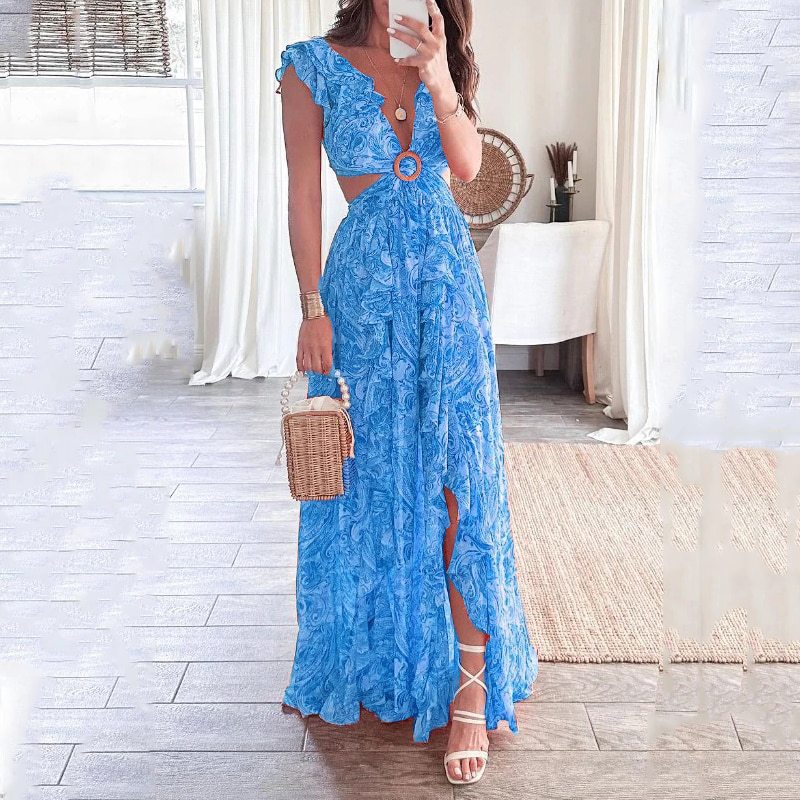 Women's Regular Dress Maxi Dresses Casual V Neck Slit Ruffles Hollow Out Sleeveless Solid Color Flower Maxi Long Dress Daily display picture 2