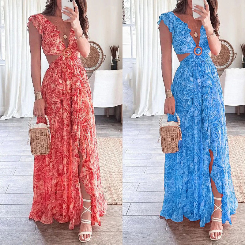 Women's Regular Dress Maxi Dresses Casual V Neck Slit Ruffles Hollow Out Sleeveless Solid Color Flower Maxi Long Dress Daily display picture 8