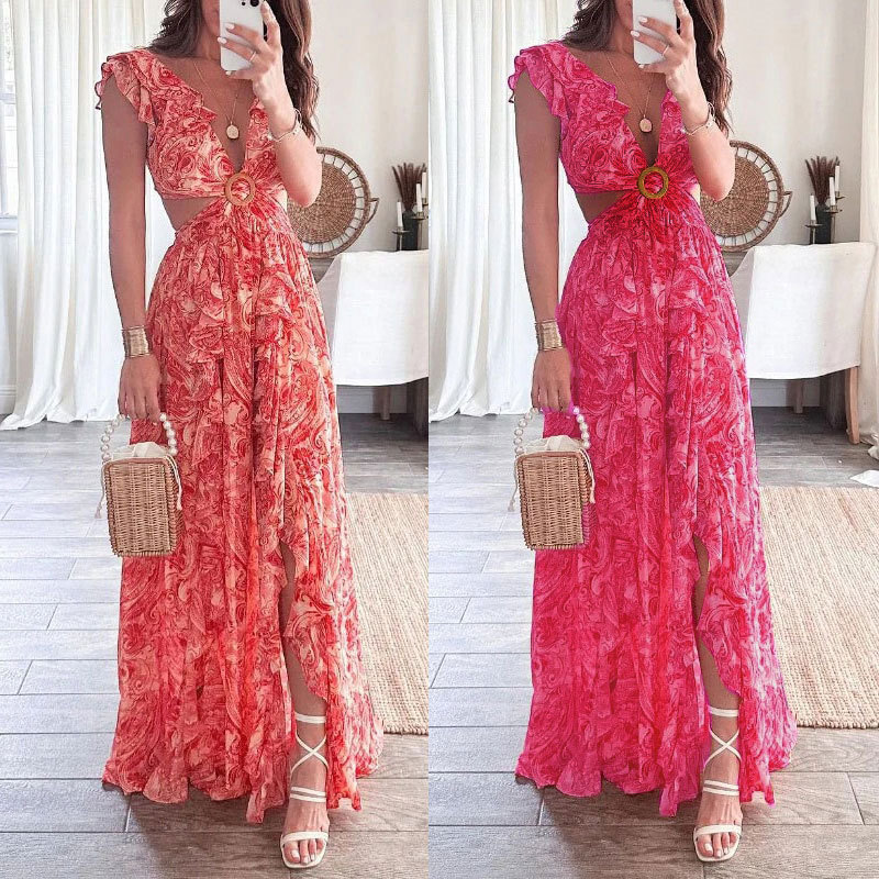 Women's Regular Dress Maxi Dresses Casual V Neck Slit Ruffles Hollow Out Sleeveless Solid Color Flower Maxi Long Dress Daily display picture 6