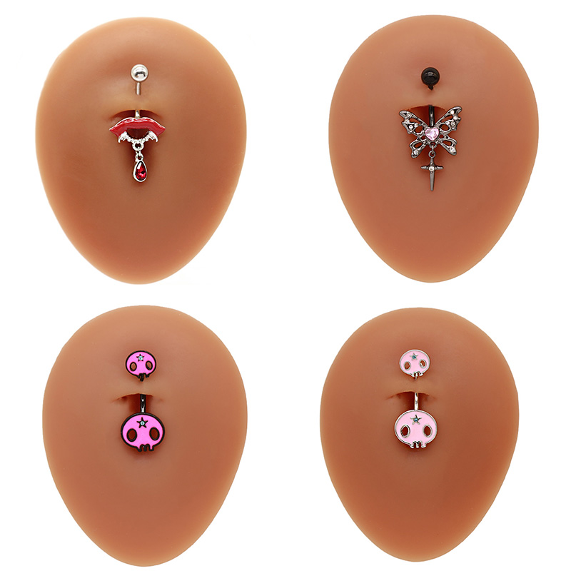 1 Piece Belly Rings Hip-Hop Exaggerated Rock Lips Butterfly Skull Stainless Steel Alloy Epoxy Hollow Out Inlay Rhinestones White Gold Plated display picture 6