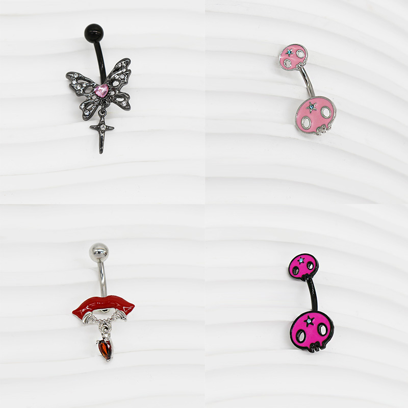 1 Piece Belly Rings Hip-Hop Exaggerated Rock Lips Butterfly Skull Stainless Steel Alloy Epoxy Hollow Out Inlay Rhinestones White Gold Plated display picture 7