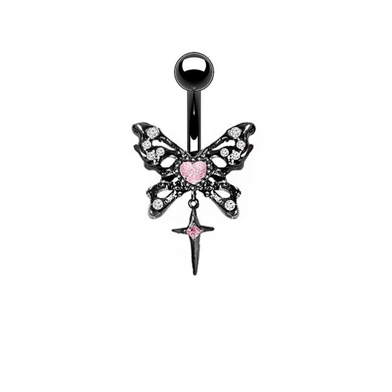 1 Piece Belly Rings Hip-Hop Exaggerated Rock Lips Butterfly Skull Stainless Steel Alloy Epoxy Hollow Out Inlay Rhinestones White Gold Plated display picture 10