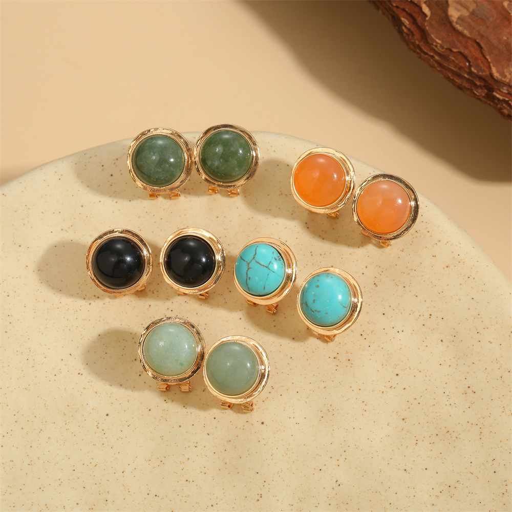 1 Pair Vintage Style Simple Style Round Inlay Copper Acrylic Turquoise 14K Gold Plated Ear Studs display picture 7