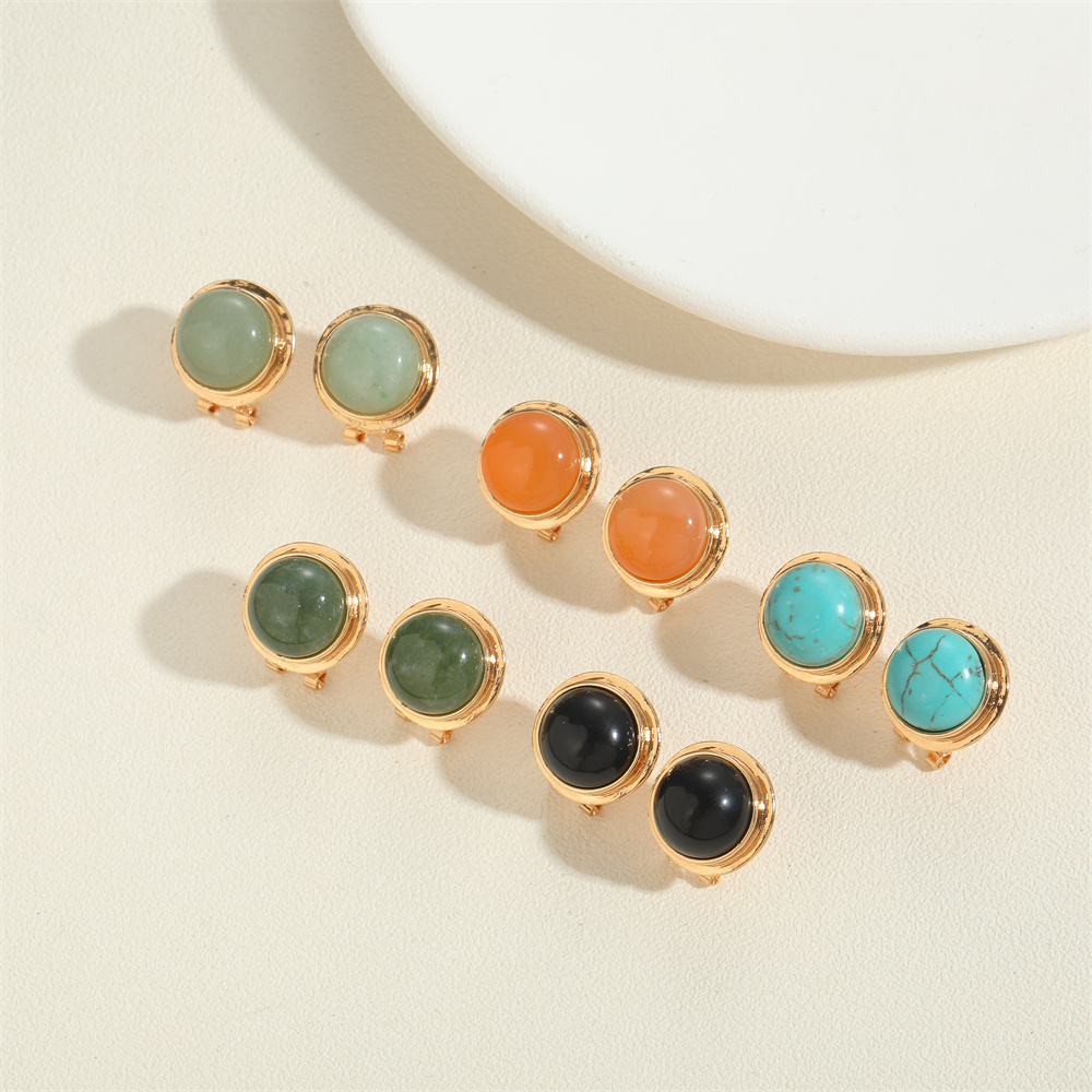 1 Pair Vintage Style Simple Style Round Inlay Copper Acrylic Turquoise 14K Gold Plated Ear Studs display picture 3