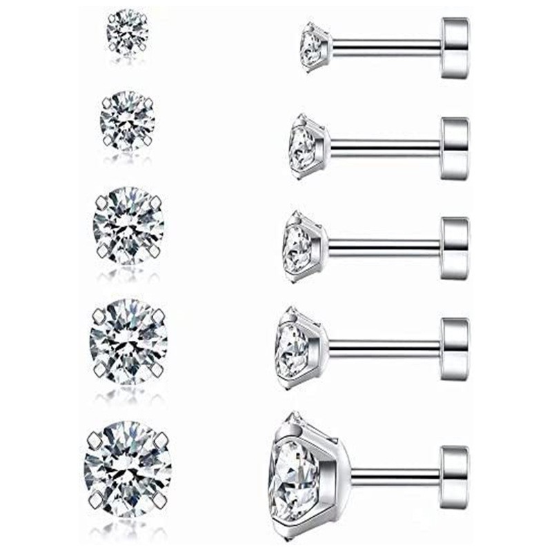 5 Pairs Simple Style Round Plating 304 Stainless Steel Zircon Ear Studs display picture 1