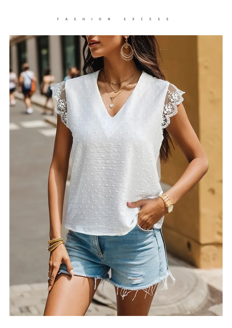 Women's Blouse Short Sleeve Blouses Lace Vacation Solid Color display picture 1