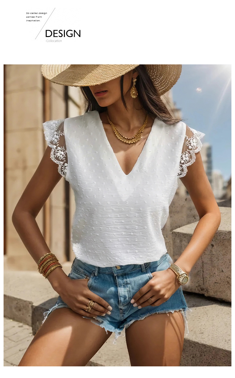 Women's Blouse Short Sleeve Blouses Lace Vacation Solid Color display picture 3
