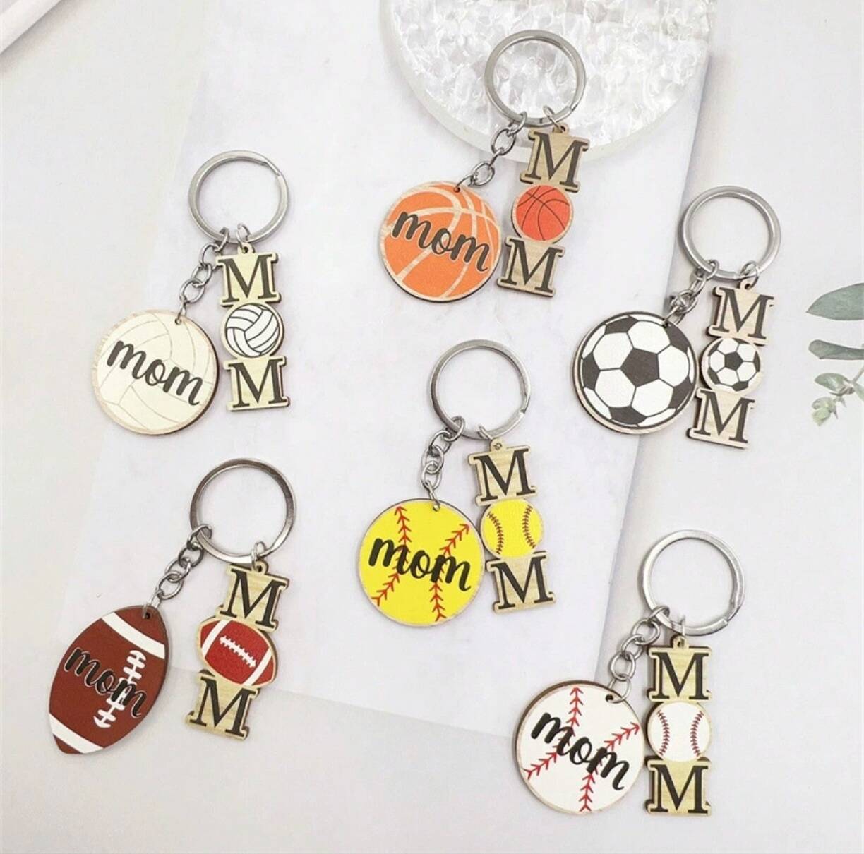 Casual Letter Basketball Football Wood Silver Plated Mother'S Day Keychain display picture 1