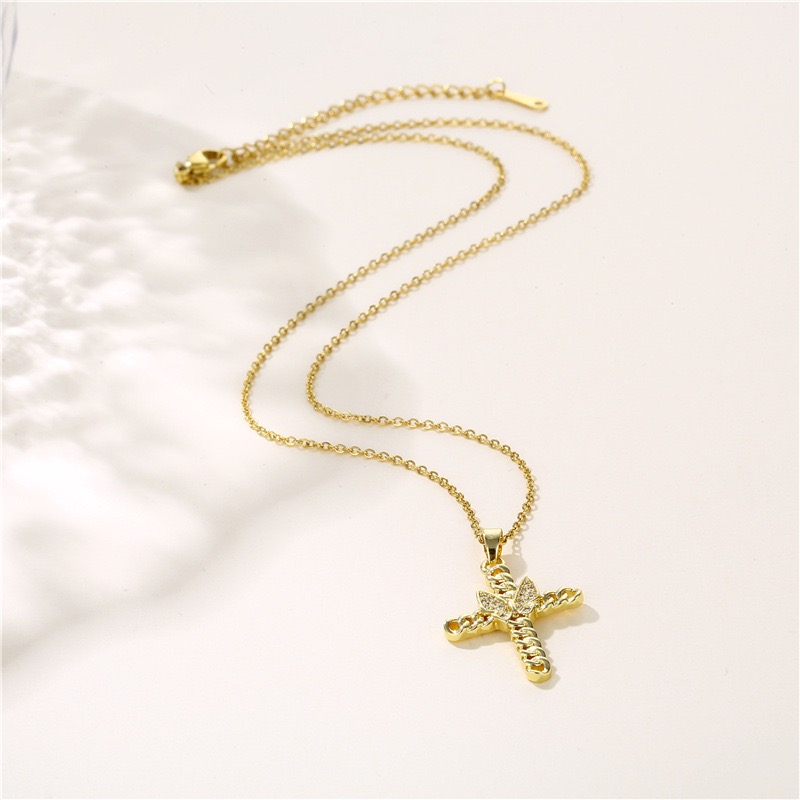 Wholesale Jewelry Casual Simple Style Butterfly Cross Stainless Steel Alloy Artificial Diamond Pendant Necklace display picture 4