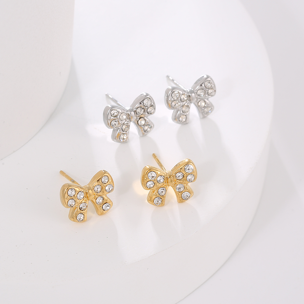 1 Pair IG Style Simple Style Heart Shape Owl Bow Knot Inlay Stainless Steel Rhinestones 18K Gold Plated Ear Studs display picture 8