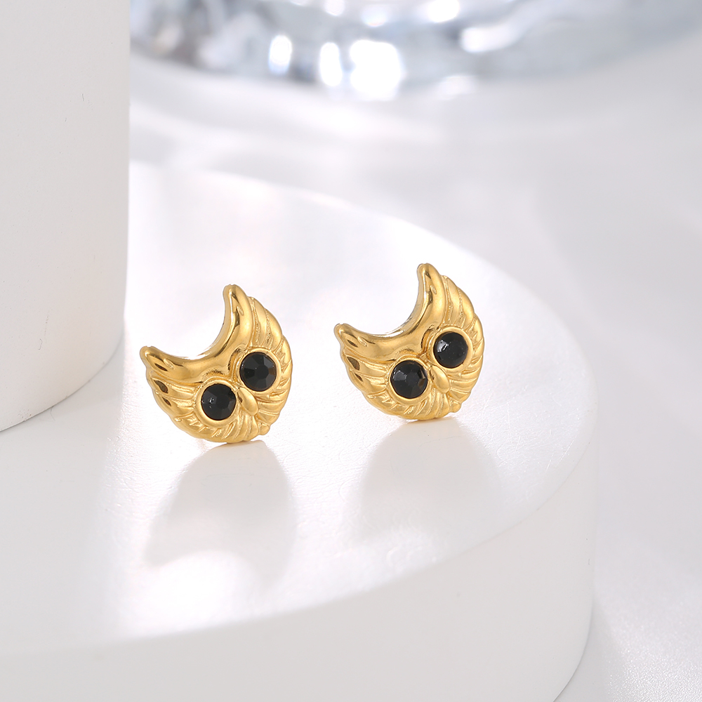 1 Pair IG Style Simple Style Heart Shape Owl Bow Knot Inlay Stainless Steel Rhinestones 18K Gold Plated Ear Studs display picture 5