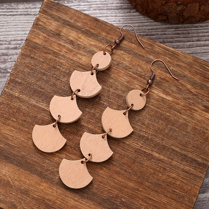 1 Pair Preppy Style Simple Style Sector Flower Patchwork Wood Iron Drop Earrings display picture 2