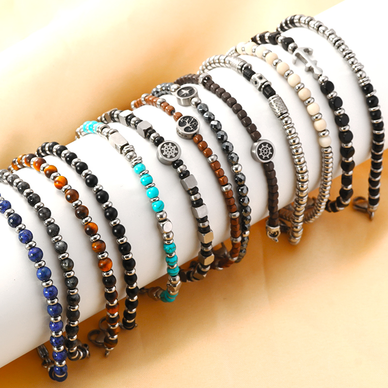 304 Stainless Steel Titanium Steel Vintage Style Simple Style Beaded Round Bracelets display picture 1