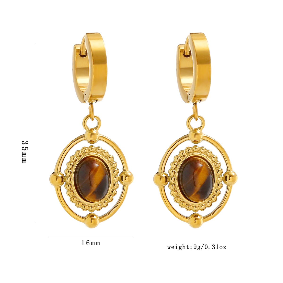 1 Pair Vintage Style Beach Oval Plating Inlay 304 Stainless Steel Tiger Eye 18K Gold Plated Drop Earrings display picture 1