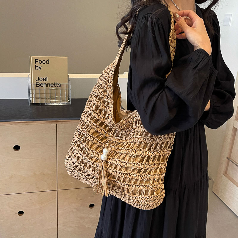 امرأة قشة اللون الصامد عطلة زخرفة سحاب البنطلون حقيبة الإبط display picture 2