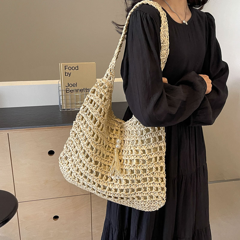 امرأة قشة اللون الصامد عطلة زخرفة سحاب البنطلون حقيبة الإبط display picture 3