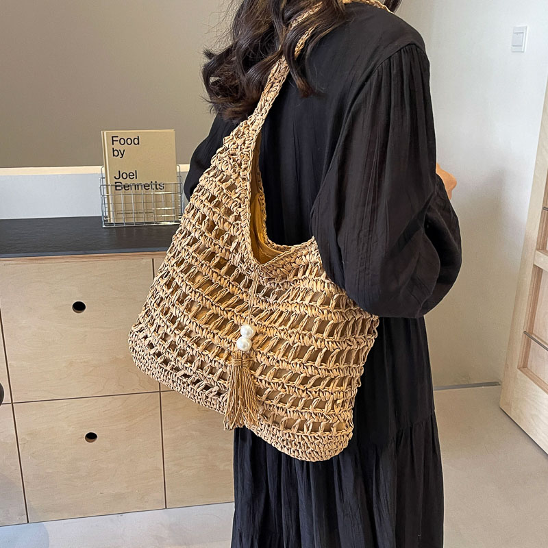 امرأة قشة اللون الصامد عطلة زخرفة سحاب البنطلون حقيبة الإبط display picture 6