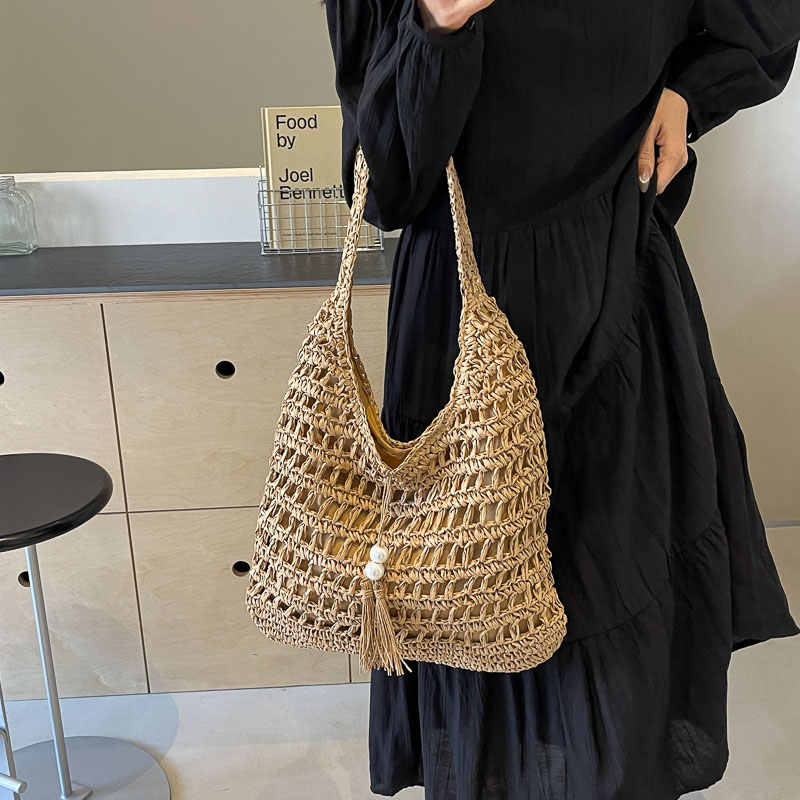 امرأة قشة اللون الصامد عطلة زخرفة سحاب البنطلون حقيبة الإبط display picture 4