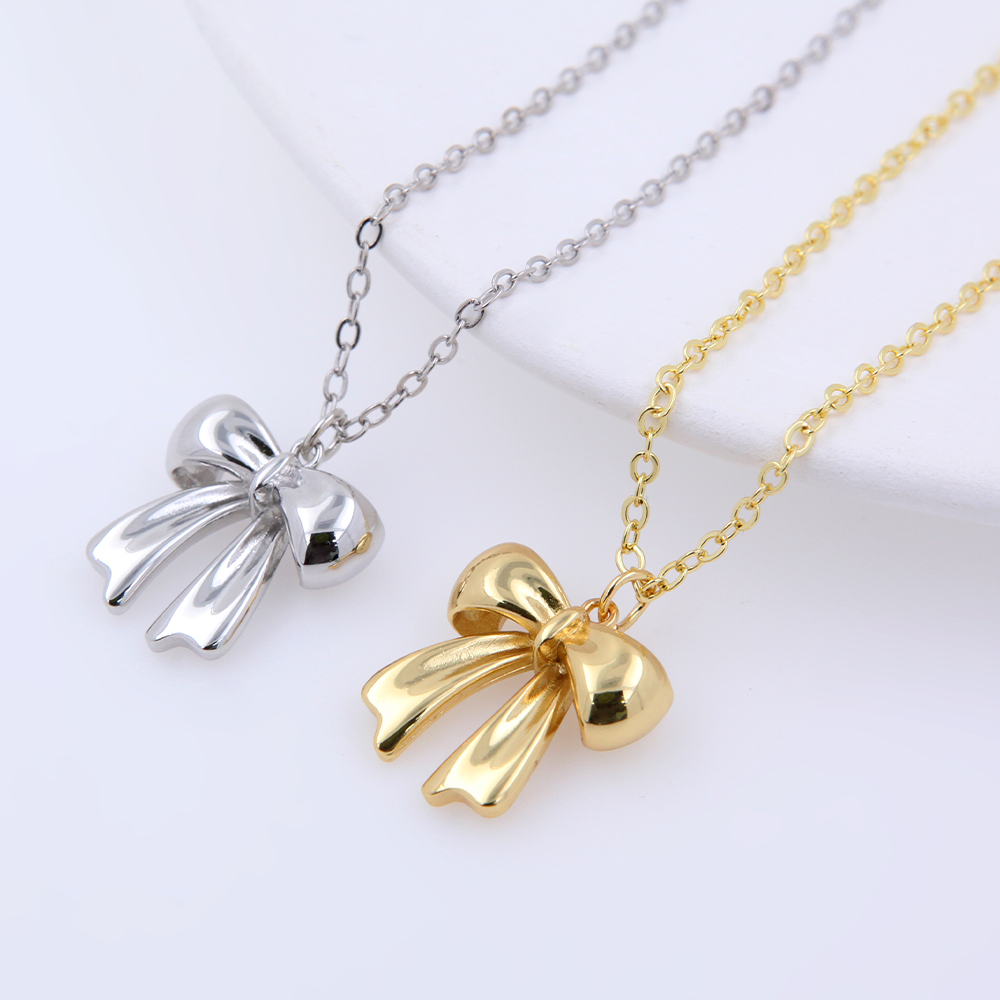 Copper 18K Gold Plated White Gold Plated Cute Solid Color Plating Bow Knot Pendant Necklace display picture 1