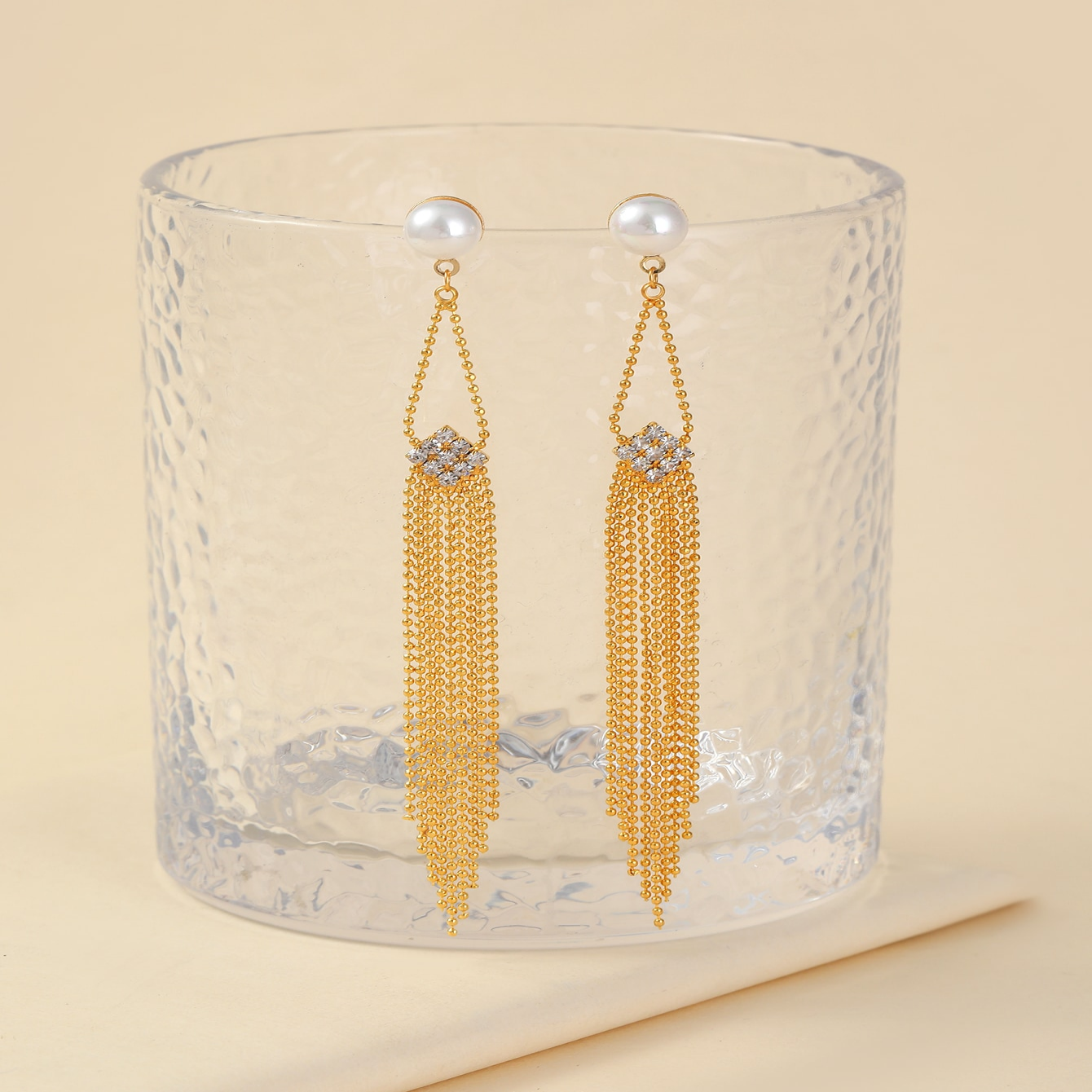 1 Pair IG Style French Style Rhombus Tassel Copper Artificial Pearls Zircon 18K Gold Plated Drop Earrings display picture 4