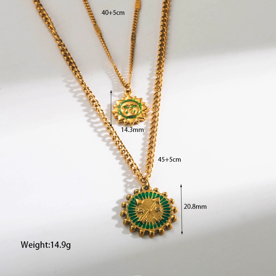 Stainless Steel 18K Gold Plated Modern Style Cool Style Sun Enamel Double Layer Necklaces display picture 1
