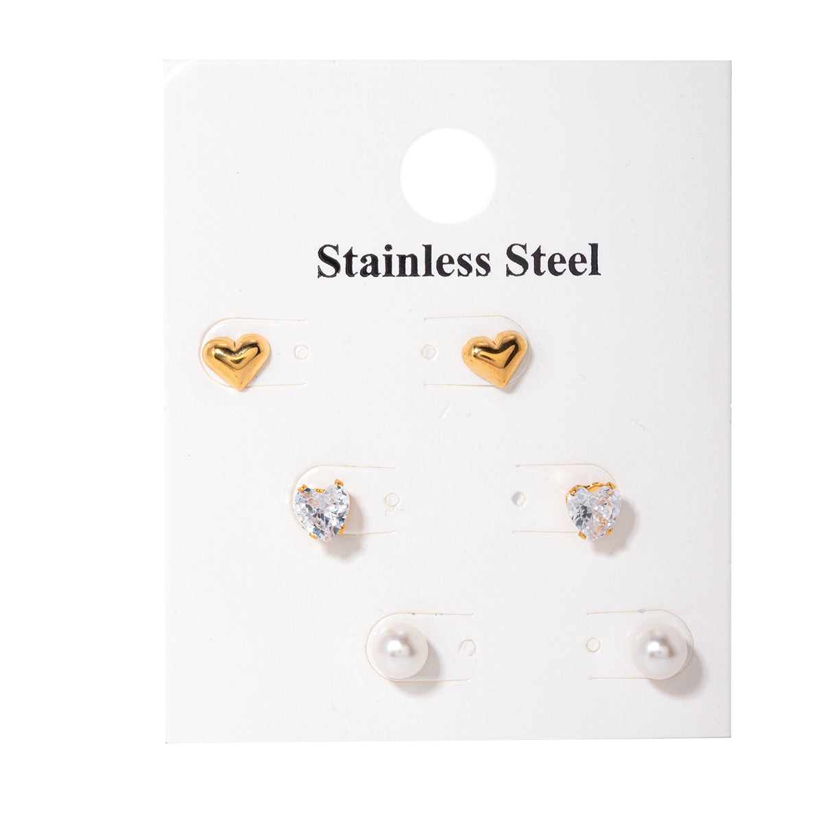 3 Pairs IG Style Simple Style Heart Shape Inlay 304 Stainless Steel Pearl Zircon 18K Gold Plated Ear Studs display picture 2