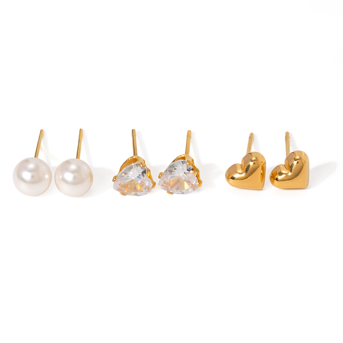 3 Pairs IG Style Simple Style Heart Shape Inlay 304 Stainless Steel Pearl Zircon 18K Gold Plated Ear Studs display picture 6