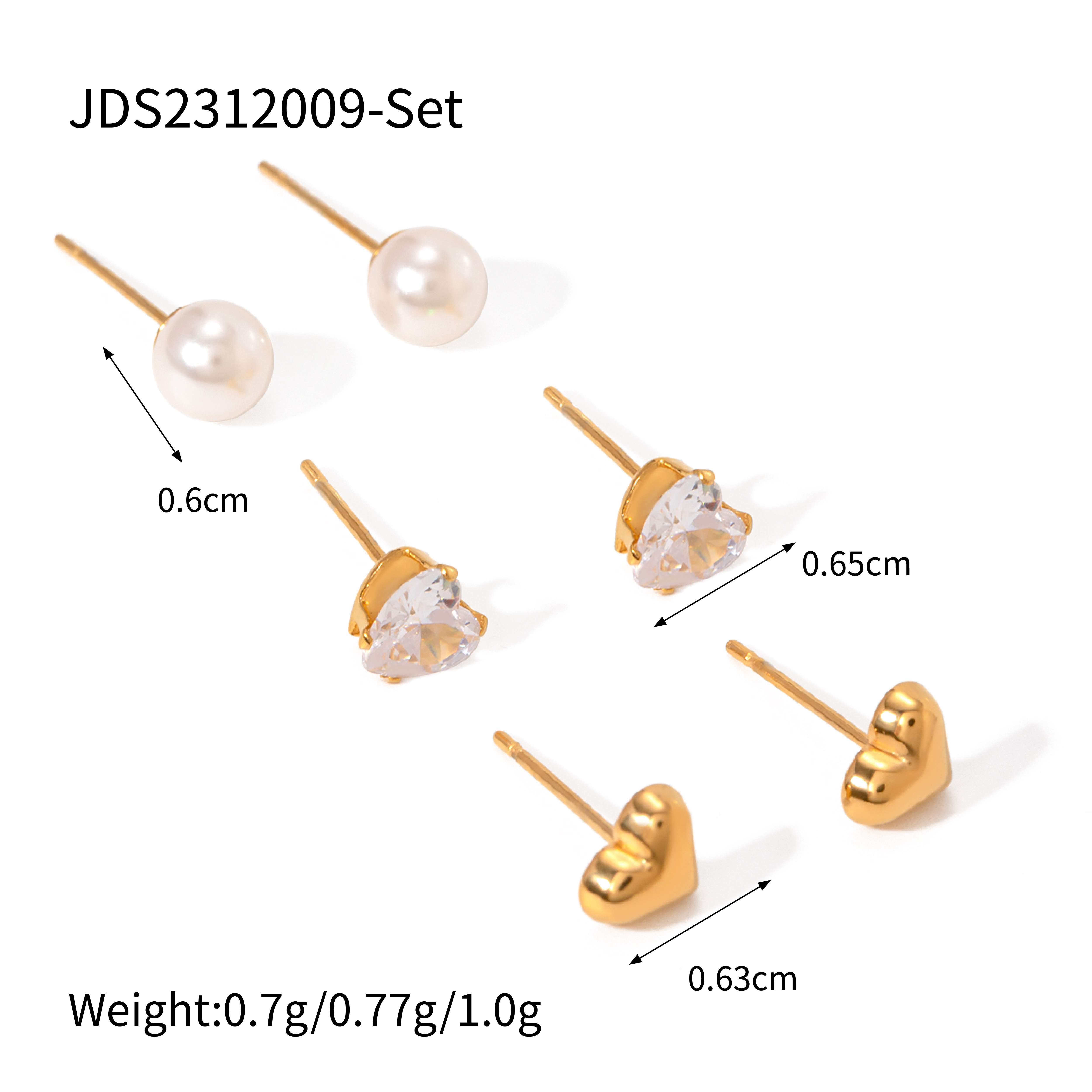 3 Pairs IG Style Simple Style Heart Shape Inlay 304 Stainless Steel Pearl Zircon 18K Gold Plated Ear Studs display picture 7